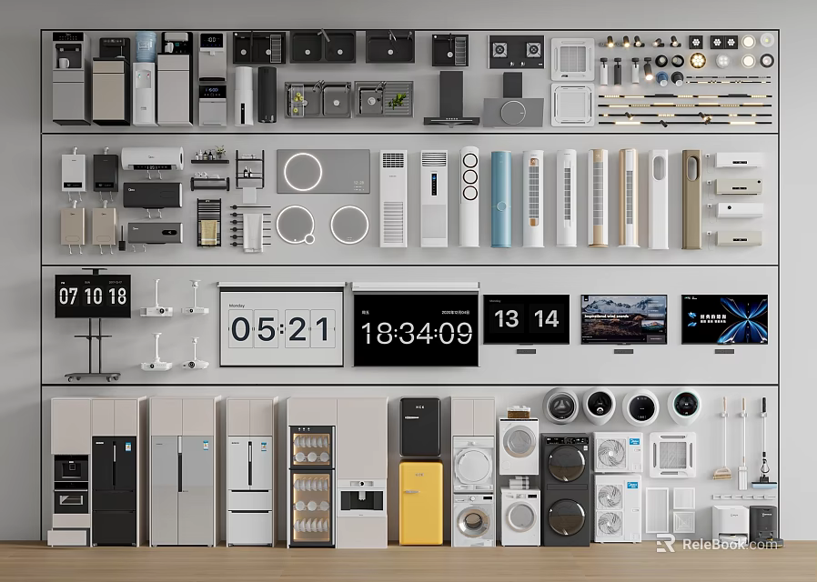 Diverse Household Appliances Display Including Refrigerators TVs Washing Machines Ovens And Clocks 3d model 
