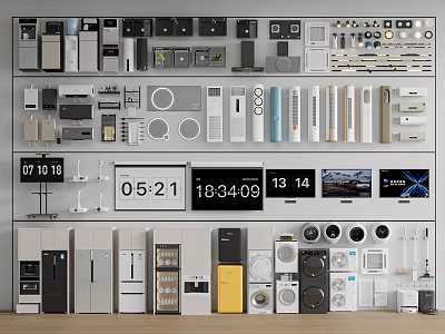 Diverse Household Appliances Display Including Refrigerators TVs Washing Machines Ovens And Clocks 3d model