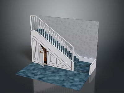 Staircase Interior Design With White Handrail Patterned Wallpaper Blue Carpet And Door 3d model