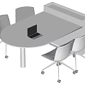 White Oval Office Desk With Black Laptop And Four Gray Rolling Chairs
