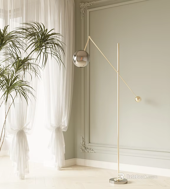 Golden Floor Lamp with Spherical Design Silver Lampshade near Green Plant White Curtains 3d model 