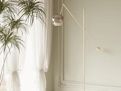 Golden Floor Lamp with Spherical Design Silver Lampshade near Green Plant White Curtains 3d model