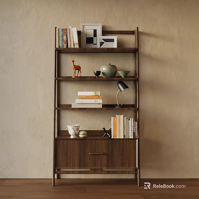 Walnut Display Shelf With Books Decorative Deer Figurine Tea Set Lamp Drawer On Beige Wall 3d model 