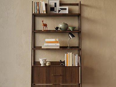 Walnut Display Shelf With Books Decorative Deer Figurine Tea Set Lamp Drawer On Beige Wall 3d model