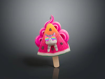 Colorful Watermelon Shaped Popsicle With Unicorn Figure Rainbow Glasses And Pink Swirls 3d model