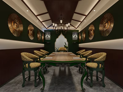 Chinese Dining Room Interior With Dark Green Walls Golden Ornaments Long Table And Green Chairs 3d model