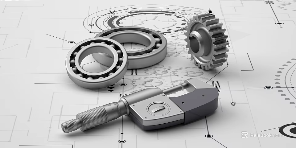 Essential Hardware Tools With Ball Bearings Metal Gear And Precision Micrometer On Technical Blueprints 3d model 