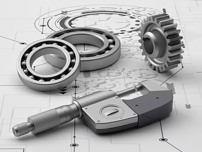 Essential Hardware Tools With Ball Bearings Metal Gear And Precision Micrometer On Technical Blueprints 3d model