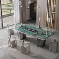 Modern Tea Table and Chairs with Green Marble Surface and Tea Accessories in Bright Indoor Space