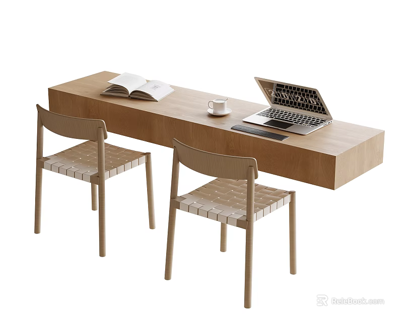 Modern Wooden Desk With Open Book Coffee Cup Laptop And Woven Chairs 3d model 