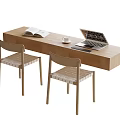 Modern Wooden Desk With Open Book Coffee Cup Laptop And Woven Chairs