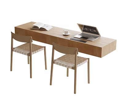 Modern Wooden Desk With Open Book Coffee Cup Laptop And Woven Chairs 3d model