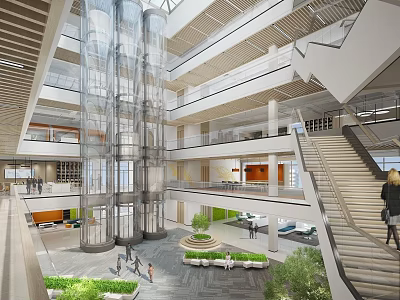 Modern Spacious Hotel Lobby With Glass Elevators Multi Level Design Green Plants And Staircase 3d model