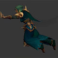 Fantasy Game Character With Green Hood Golden Accents Extended Hands And Crouching Stance