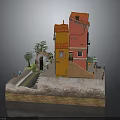 Colorful Red and Orange Buildings Model with Archway Stone Pathway and Trees