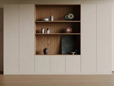 Modern Bookcase Interior Design With Shelves Decorative Vases Plates Dried Branches Artwork And Beige Cabinets 3d model