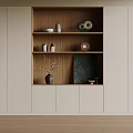 Modern Bookcase Interior Design With Shelves Decorative Vases Plates Dried Branches Artwork And Beige Cabinets