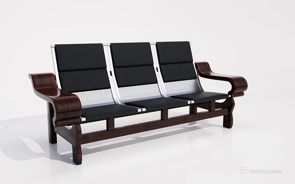 Black Upholstered Three Seater Sofa With Wooden Armrests And Metal Frame 3d model 