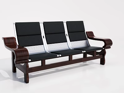 Black Upholstered Three Seater Sofa With Wooden Armrests And Metal Frame 3d model