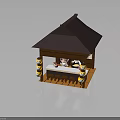 Lego Style Miniature Pavilion Scene With Brown Roof Yellow Lanterns Figures And Bar Counter