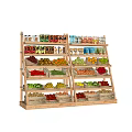 Wooden Display Shelves Showcasing Fresh Fruits Vegetables And Packaged Goods In Retail Store