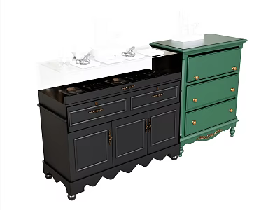 Black And Green Dresser With Drawers Cabinet Doors Countertop And Wheels 3d model