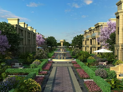 Elegant Terraced Townhouses With Symmetrical Garden Lush Greenery Paved Pathway And Central Fountain 3d model