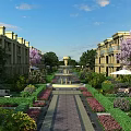 Elegant Terraced Townhouses With Symmetrical Garden Lush Greenery Paved Pathway And Central Fountain