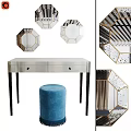 Elegant Dressing Table With Octagonal Mirrors Blue Stool And Black Metal Legs 3d model