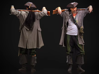 Man in Pirate Costume Front and Back View With Hat Musket Long Coat and Boots 3d model