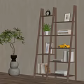 Wooden Ladder Shelf With Books Potted Plant Photo Frame Toy Car And Decorative Plant Near Neutral Wall