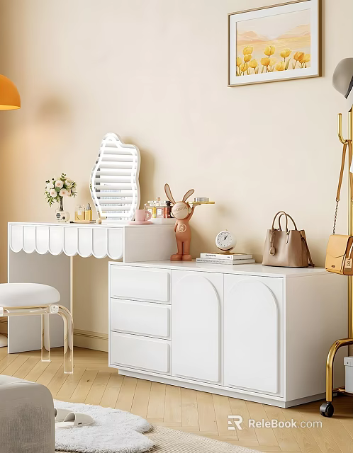 Modern White Dressing Table Interior With Shutter Mirror Stool And Decorative Items 3d model