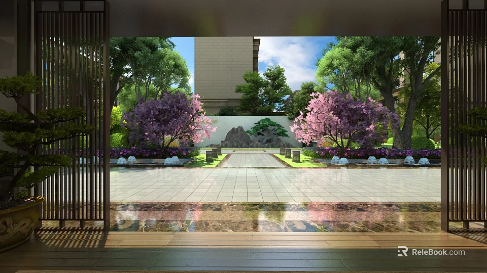 Garden Landscape with Stone Path Cherry Blossom Trees Rockery and Lush Green Plants 3d model 