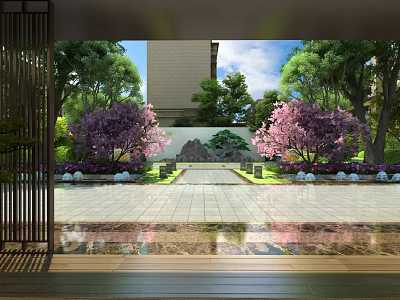 Garden Landscape with Stone Path Cherry Blossom Trees Rockery and Lush Green Plants 3d model