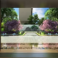 Garden Landscape with Stone Path Cherry Blossom Trees Rockery and Lush Green Plants