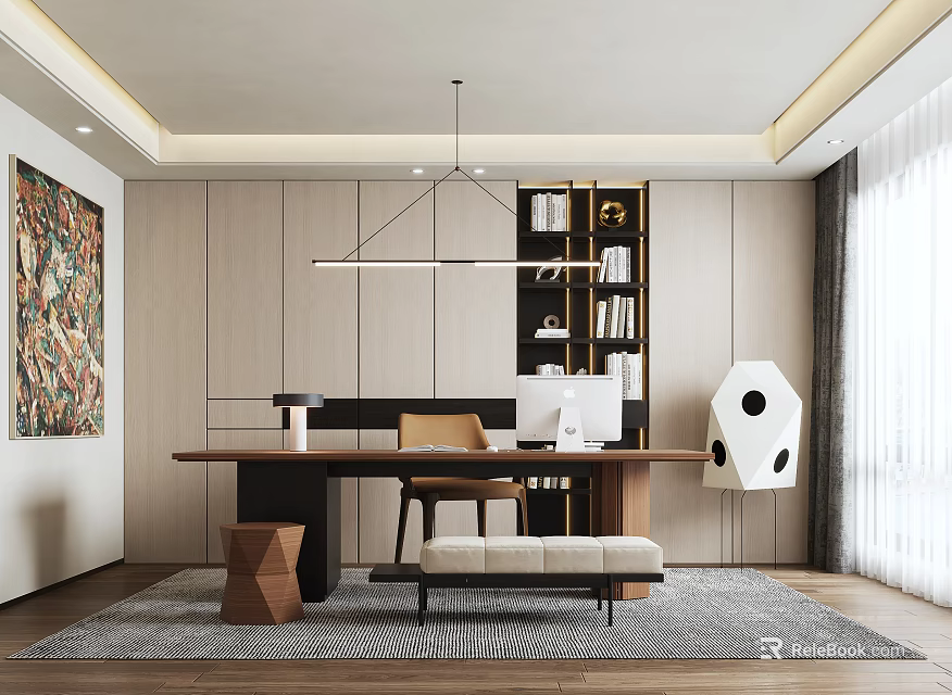 Modern Home Office Interior Design With Wooden Desk Chair Bookshelf Rug And Abstract Art 3d model 