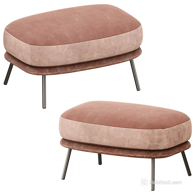 Modern Minimalist Blush Pink Velvet Upholstered Ottoman Set with Metal Legs 3d model 