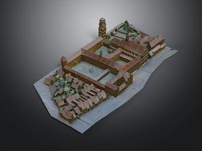 Traditional Architectural Model Featuring Courtyard Layout Tower Structure And Red Brick Walls 3d model