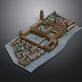 Traditional Architectural Model Featuring Courtyard Layout Tower Structure And Red Brick Walls