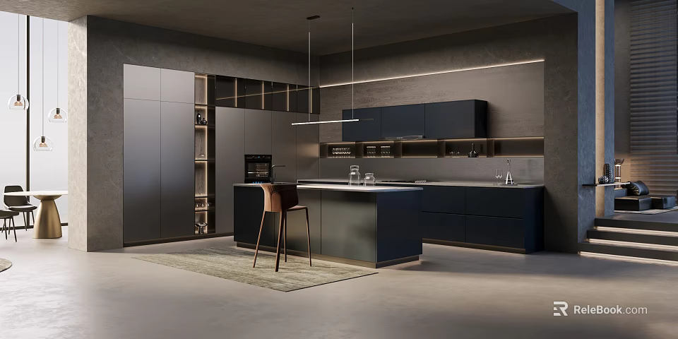 Stylish Modern Kitchen Interior Design With Dark Cabinets Island And Pendant Lights 3d model 