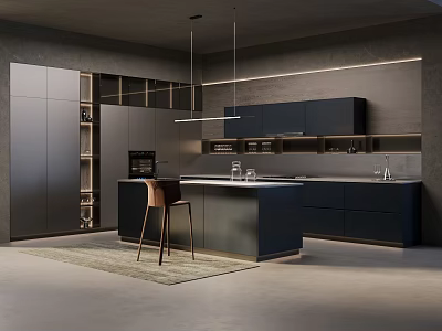 Stylish Modern Kitchen Interior Design With Dark Cabinets Island And Pendant Lights 3d model