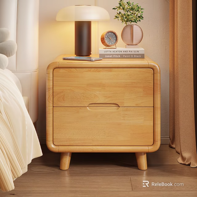 Wooden Bedside Table With Table Lamp Clock Decorative Item And Two Drawers 3d model 