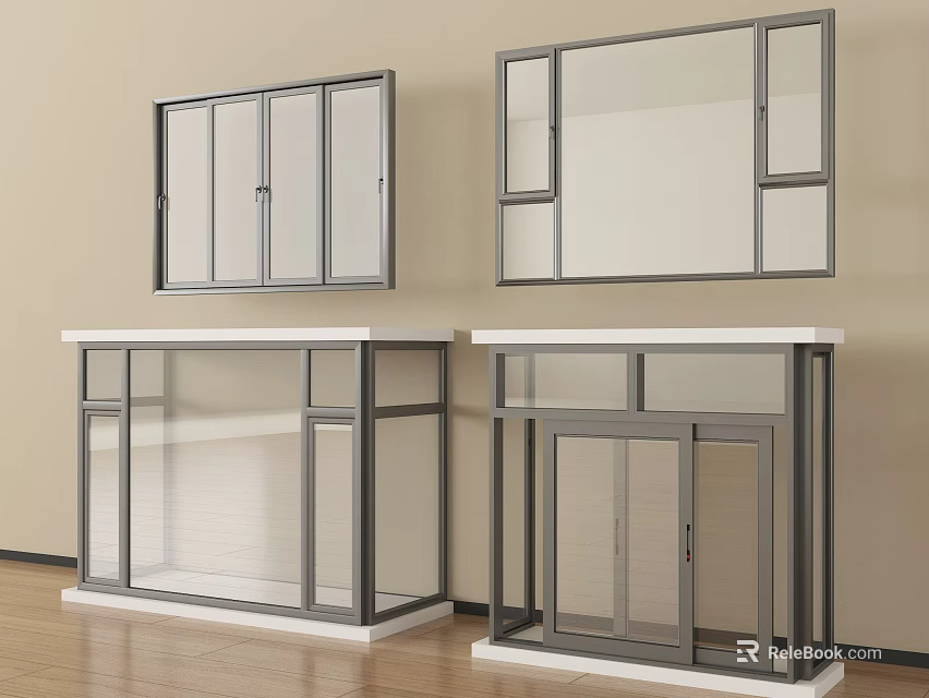 Modern Display Cabinets With Glass Doors Metal Frame And White Countertop On Wooden Floor 3d model 