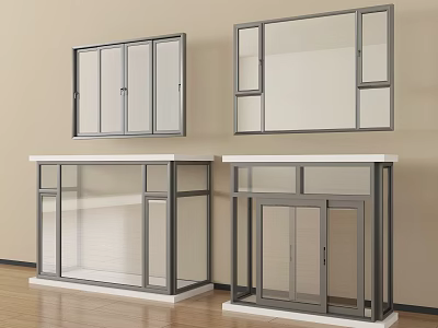 Modern Display Cabinets With Glass Doors Metal Frame And White Countertop On Wooden Floor 3d model