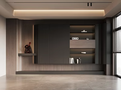 Modern Wooden Bookcase Interior Design With Built in Shelves And Storage Lighting 3d model