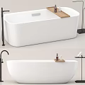 Modern White Freestanding Bathtub With Black Faucet Wooden Tray And Bath Products
