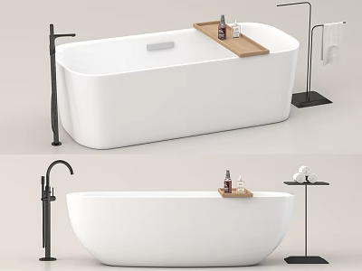 Modern White Freestanding Bathtub With Black Faucet Wooden Tray And Bath Products 3d model