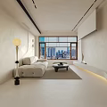 Modern Living and Dining Room Interior With Large Windows City View Light Tones And Sofa