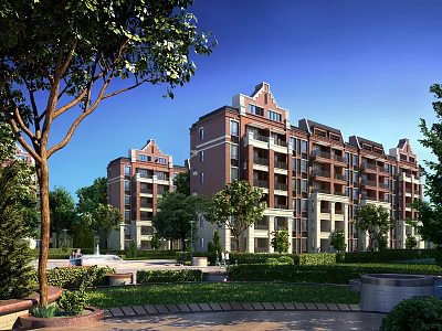 Red Brick Residential Building With White Accents Multi Story Design And Lush Garden Greenery 3d model