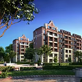 Red Brick Residential Building With White Accents Multi Story Design And Lush Garden Greenery